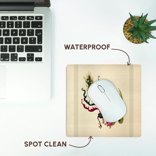 3dRose LLC 8 x 8 x 0.25 Inches Mouse Pad, Moss Green, Teal and Maroon Swooping Chinese Rooster with Cream Background and Dark Line Accents (mp_53932_1)