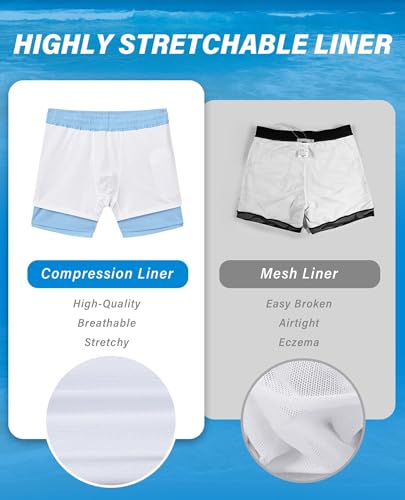 Gleeease 5 Inch Mens Swim Trunks with Compression Liner Men's Bathing Suit | Mens Swim Shorts 4 Pockets Quick Dry 2 in 1 Water Resistant Solid Stretch Breathable Surfing Beach Elastic Waistband Swimsuit - color: Light Blue, size: Large