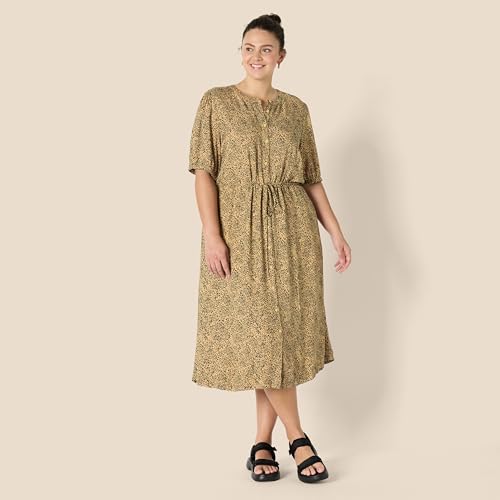 Amazon Essentials Women's Relaxed Fit Half-Sleeve Breathable Button Front Drawstring Waist Midi A-Line Dress with Pockets - color: Camel/Black - Mini Ikat Animal, size: Large