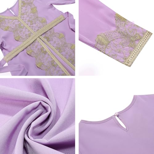 FYMNSI Kids Girls Muslim Abaya Dress Modest Lace Belted Prayer Dress Islamic Maxi Robe Kaftan Ramadan Arabian Dubai Clothes - color: Purple, Pink, size: 10-11 Years