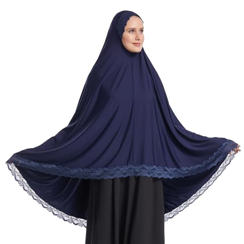 Muslim Women's Instant Big Hijab Jersey Turbans Khimar Abaya Soft Prayer Scarf, 1pc Lace - color: Navy, size: X-Large