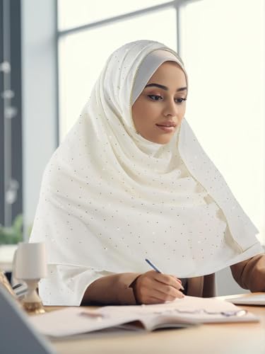 Geyoga Hijab Scarf for Women Soft Chiffon Rhinestone Long Scarf Shawl Fashion Muslim Hijab Head Wrap Scarves - color: Beige