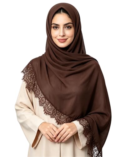 JUMISEE Elegant Floral Lace Hijab Scarf for Women Soft Cotton Head Wrap Instant Hijab Long Scarves Evening Dress Shawl - color: Coffee