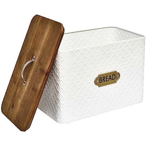 EMAX HOME Extra Large Space Saving Farmhouse Bread Box With Wood Lid - Holds 2 Loaves - Vertical Breadbox Bread Storage Bin Holder for Kitchen Countertop, White - color: Fish Scale Embossing