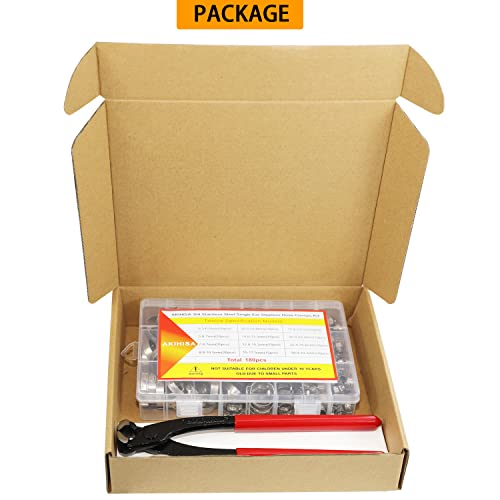 AKIHISA 180 PCS Single Ear Hose Clamps, 12 Sizes 5.3-33.1mm Crimp Hose Clamps with Ear Clamps Pincer, 304 Stainless Steel Crimp Pinch Fitting Tools Kit - size: 180Pcs (5.3-33.1mm)