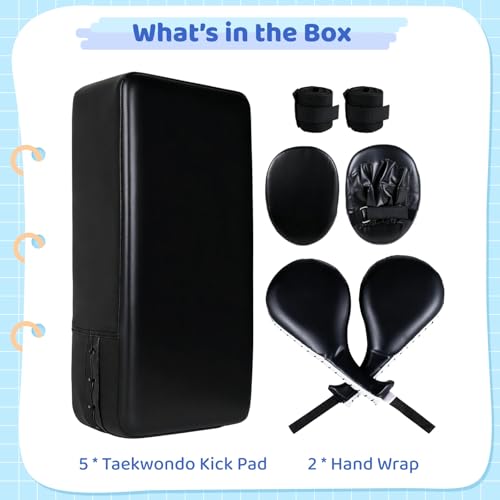 7 in1 Taekwondo Kick Pad Set, Boxing Training Equipment, Martial Art Kicking Pad, PU Leather Boxing Focus Pad, Target Punching Pads and Hand Wraps for Karate, Sparring, MMA, Muay Thai - color: Black