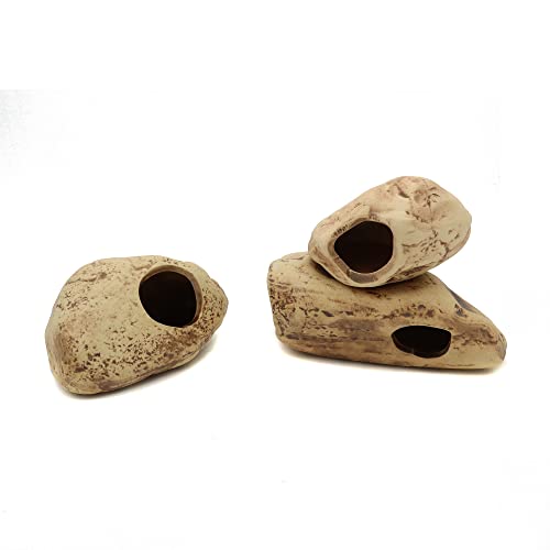Stackable Aquarium Ceramic Decorations Rock Caves, Set of 3 | Betta Fish Tank Decor Accessories, Hideaway for Shrimp Cichlid, Hiding Breeding Spawning