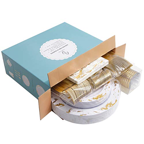 Nervure 175PCS Gold Plastic Plates with Marble Printing & Gold Plastic Silverware:50 Plates, 25 Forks, 25 Knives, 25 Spoons, 25 Cups, 25 Napkins for Thanksgiving & Wedding - color: Gold Marbling