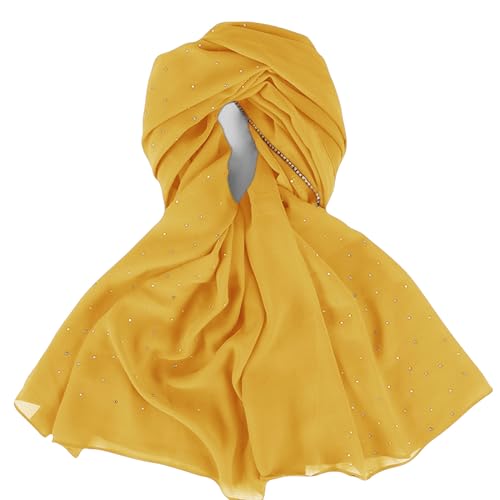Hijab Scarf for Women Soft Chiffon Rhinestone Long Scarf Shawl Fashion Muslim Hijab Head Wrap Scarves - color: Yellow