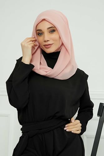 Aisha's Design Pre-tied Cotton-Chiffon Scarf for Women Practical Veil Instant Scarf Hijab Stylish Design - color: Powder