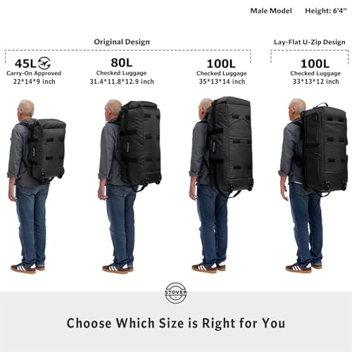 STOVER 45/80/100L U-Zip Rolling Duffel Bag with Wheels, X-Large Durable Travel Duffle + Toiletry Bag, Lay-Flat Opening, Packable w/Shoulder Straps- Use as Luggage or Backpack, Men/Women (Green) - color: U-Zip Green