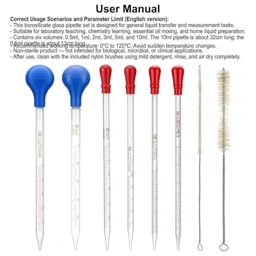 QWORK Glass Pipette Set with Cleaning Brushes – 0.5ml to 10ml for Teaching Labs, DIY Mixing & Liquid Transfer, 0.5ml 1ml 2ml 3ml 5ml 10ml