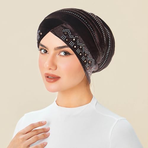 Rhinestone Hijab Turban Hats for Women Beanies Bandana Headwrap Cap Beanies Headwear Headscarf Undercap Turban Hat - color: Coffee