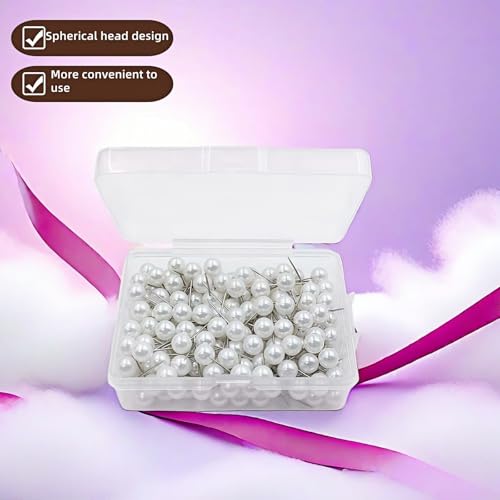 200PCS Pearl Head Pins, Decorative Pearl Ball Map Tacks with Plastic Storage Box, White Pearl Pushpins for DIY Wedding, Crafts, Sewing, Bulletin Board, Fabric Positioning (Pearl White)