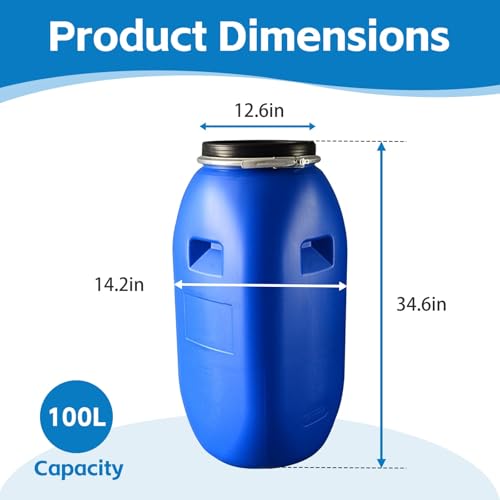 Shipping Barrel, Plastic Drum with Lid, Food Grade Container, Air Tight for Water and Food Storage, Rain Barrel Use(100L) - size: 100L