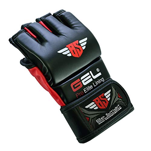 Be Smart Auth. Rex Leather MMA Grappling Gloves Boxing Punch Bag UFC Gel Tech Muay Thai (Black & Red, Small)