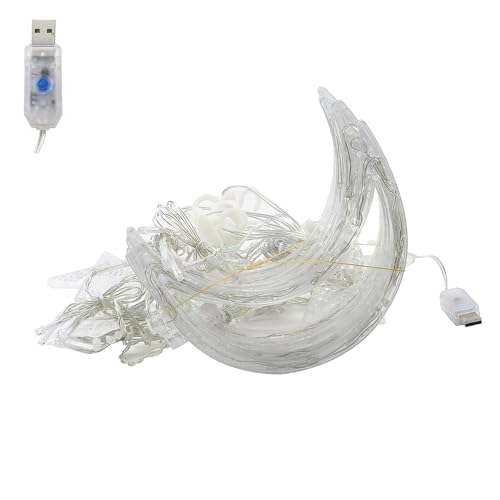 LED Moon Star Curtain String Lights, 138 LED USB Powered Fairy Hanging Lights with 8 Lighting Modes 6-Hour Timer Waterproof for Bedroom Wall Window Christmas Decoration (Moon) - style: Moon