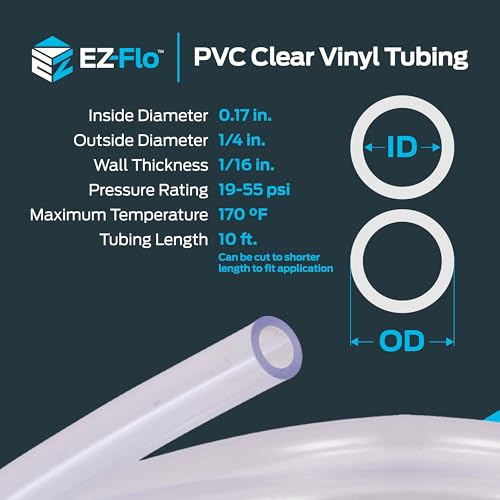 EZ-FLO 0.17 Inch ID (1/4 Inch OD) PVC Clear Vinyl Tubing, 10 Foot Length, 98615 (Pack of 4) - size: 0.17 in. ID x 1/4 in. OD (Pack of 4)