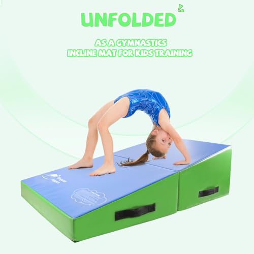 Kangaroo Hoppers Gymnastics Cheese Wedge Mat for Kids Ages 1-12 | 3 Sizes Folding Incline Mat with High-Density EPE Foam and Removable PVC Leather Cover, Home Gym Training Equipment - color: Green/Blue, size: 48" x 24" x 14"