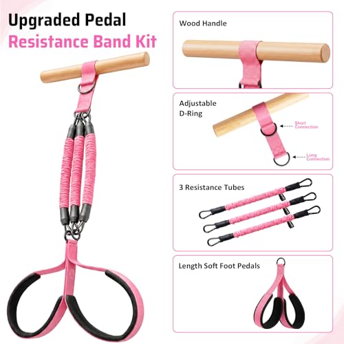 Multifunction Resistance Bands with Handles, Upgraded Dual D-Ring | 3-Tube Adjustable Resistance: 30/60/90 LB | Beech Wood Handle | Wide Foot Pedals | for Abdomen, Waist, Arm, Leg, Pilates - color: Pink