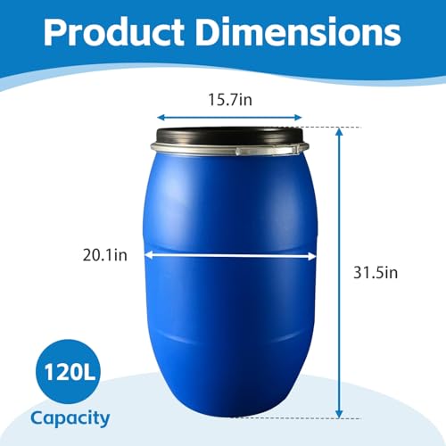 Shipping Barrel, Plastic Drum with Lid, Food Grade Container, Air Tight for Water and Food Storage, Rain Barrel Use(120L) - size: 120L
