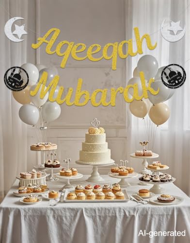 Aqeeqah Mubarak Banner - Eid Party Decorations - Muslim Islam Eid Festival Party Supplies Gold - size: Aqeeqah Mubarak