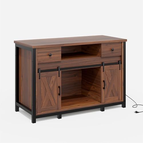 Farmhouse Fish Tank Stand w/Power Outlet – Heavy Duty Aquarium Cabinet, 800 lb Capacity, Adjustable Storage, Thickened MDF & Steel Frame, Sliding Barn Doors, (Light Brown, 75-120 Gallon)
