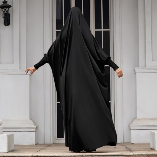 IDOPIP Muslim Abaya for Women One Piece Long Sleeve Islamic Prayer Dress with Hooded Hijab Maxi Kaftan Robe Modest Clothes - color: Black