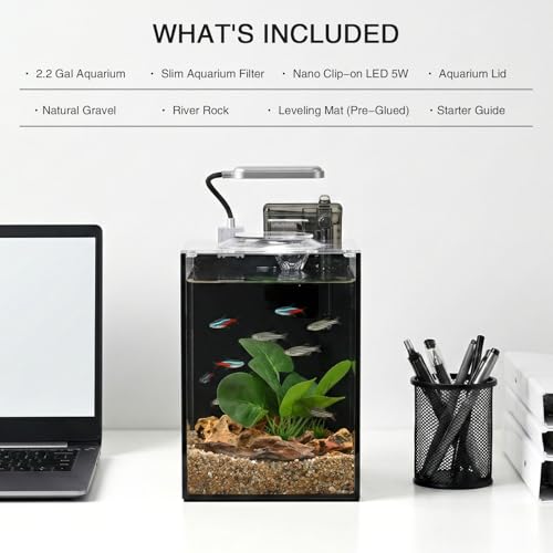 2.2 Gallon Small Fish Tank, Beta Fish Aquariums Starter Kits with Nano Clip-on LED, Waterfall Filter Pump, Plants, Gravel and Rock, Perfect for Small Fish, Shrimp, or Betta (with Lid)