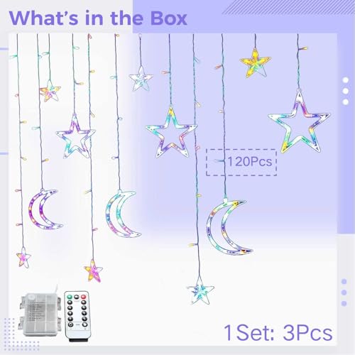 Star Moon Curtain String Light, 120 LED, 11.5 ft / 3.5 m, USB Dimmable with Remote, Multicolor Fairy Icicle Light for Window, Holiday, Party