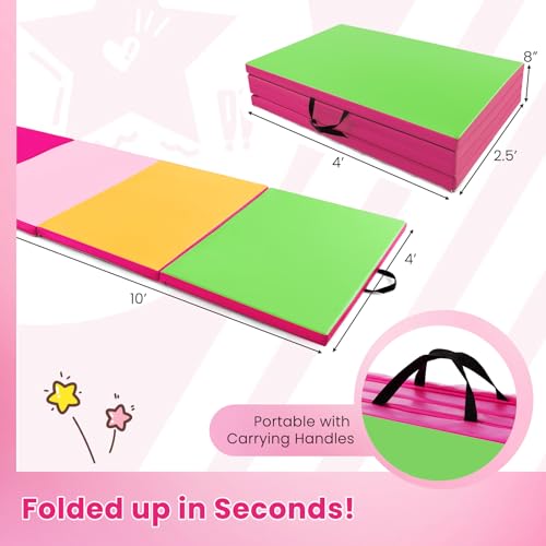 Giantex 4'x10'x 2" Gymnastics Mat, 4-Panel Folding Aerobics Exercise Mat w/Hook & Loop Fastener, Carrying Handle, Portable Tumbling Mat for Stretching Yoga Cheerleading Martial Arts - color: Green/Yellow/Pink