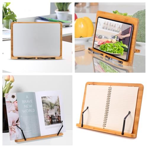 MEGREZ Book Stand for Reading (13.2 x 9.4 inch) Bamboo Cookbook Stand Holder for Kitchen, Adjustable Book Holder Stand for Tablet/Textbook Holder/Hollow Bookrest Stand, Bow - color: Bow