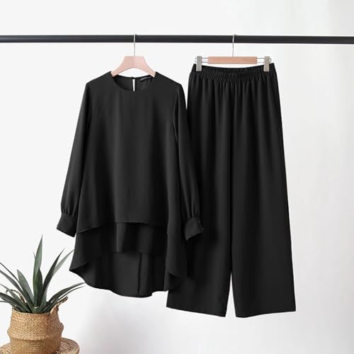 Muslim Casual 2 Piece Set For Women Long Sleeve Loose Top Wide Leg Pants Suit Plus Size Outfit Prayer Clothes - color: 1-black, size: Large