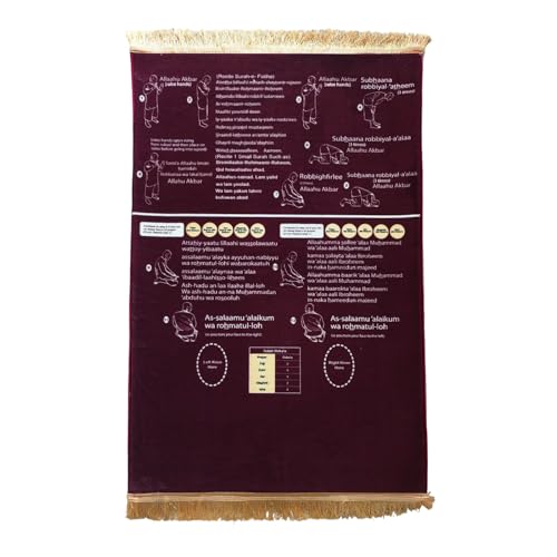Bilingual Guided Prayer Mat with English Reading & Arabic Recitation Guide, Non-Slip Salah Prayer Mat with Instructions for Prayer Learning, Meditation (Red, 70x110cm)