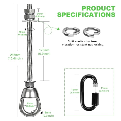 Heavy Duty 800LBS Punching Bag Hanger Swivel Ceiling Hook, 360 Bearing Rotation Stainless Steel Swing Anchor with Quick Release Carabiner, Anti Loose Double Nut Mount for Boxing Hammock Swing