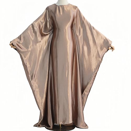 Abaya Muslim Women Dress Satin Batwing Sleeve Kaftan Maxi Arabian Dubai Islamic Ramadan Prayer Dress with Hijab Scarf - color: Brown