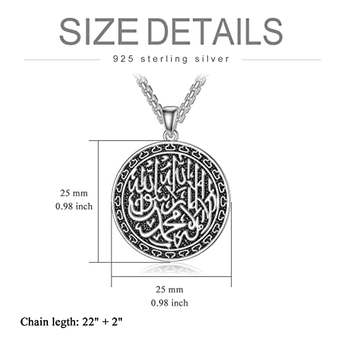 Sterling Silver Allah Necklace Muslim Islam Pendant Jewelry Gift for Father Men Women - 22+2 In Stainless Steel Chain
