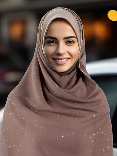 Geyoga Hijab Scarf for Women Soft Chiffon Rhinestone Long Scarf Shawl Fashion Muslim Hijab Head Wrap Scarves - color: Khaki
