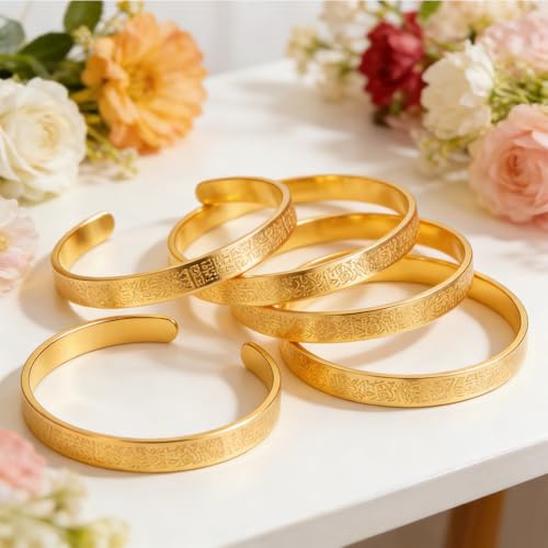 Eforcase Women Islamic Jewelry Gifts Eid Mubarak Gold Bracelet Allah Bangles Cuff for Ayatul Kursi Bracelet Eid Ramadan Party - style: 16 Pack - Gold
