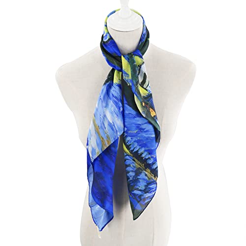 100% Mulberry Silk Scarf-Printed or Solid Color 35” Square Large Silk Hair Head Wrap Scarf With Gift Box Package - color: A Pattern: the Starry Night (Van Gogh)