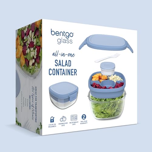 Bentgo Glass Salad Container - 7.6-Cup Salad Bowl with Airtight Lid, Leak-Proof Sauce Container, 4-Compartment Bento Tray & Reusable Fork - BPA-Free for Meal Prep, Office & More (Light Blue) - color: Light Blue
