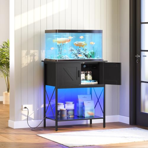 HOOBRO 20 Gallon Fish Tank Stand with Power Outlets and LED Light, Metal Frame Aquarium Stand, Reptile, Turtle Tank Stand with Cabinet Storage, 27.6'' L x 15.7'' W, 300 LBS Capacity, Black BB40UDFT01 - color: Black