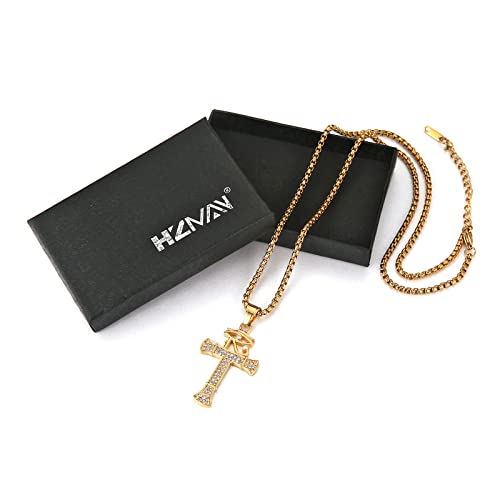 HZMAN CZ Eye of Horus Egypt Protection Pendant Coptic Ankh Cross Religious Stainless Steel Necklace - color: Gold-New