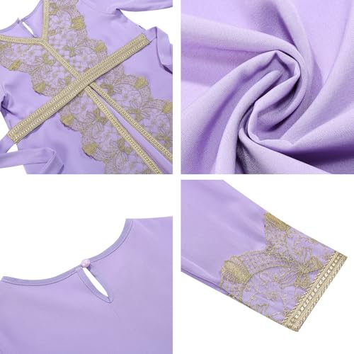 FYMNSI Kids Girls Muslim Abaya Dress Modest Lace Belted Prayer Dress Islamic Maxi Robe Kaftan Ramadan Arabian Dubai Clothes - color: Purple, size: 4-5T