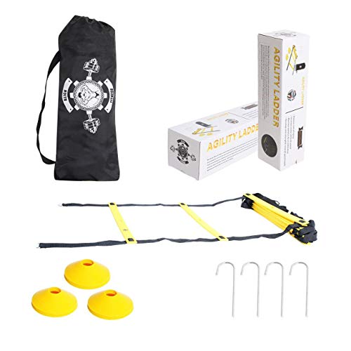 20 feet Speed Training Agility Ladder Carry Bag 12 Heavy Duty Adjustable Yellow Rung 10 disc Cones 4 Hooks Outdoor Workout Football Sport Adult Soccer Ball 2014 World Cup Design Size 5