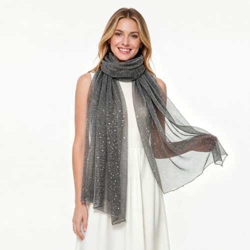 Sequin Scarf for Women Lightweight Mesh Shawl Wrap Bandana Hijab Headscarf for Summer Evening Dress - color: Darkgrey