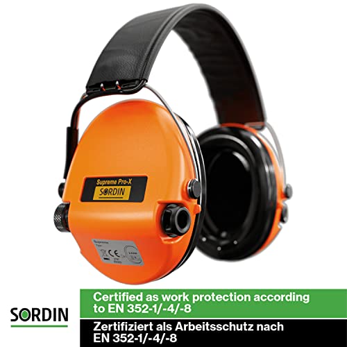 Sordin Pro-X Ear Muffs - Active and Electronic Ear Defenders w/Leather Headband - Gel Pads - Earmuffs for Hunting & Shooting - color: Orange