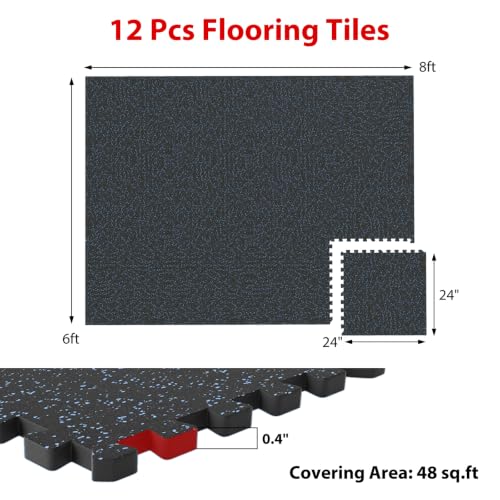 Giantex 12-Pack Interlocking Rubber Gym Floor Mats, 0.4'' Thick 24''x24'' Puzzle Tiles with Border Strips, 48 sq.ft Anti-Slip, Noise-Reducing Flooring for Home Workout Exercise (Black/Blue Speckled) - size: 0.4'' | 12 Tiles | 48 Sq Ft