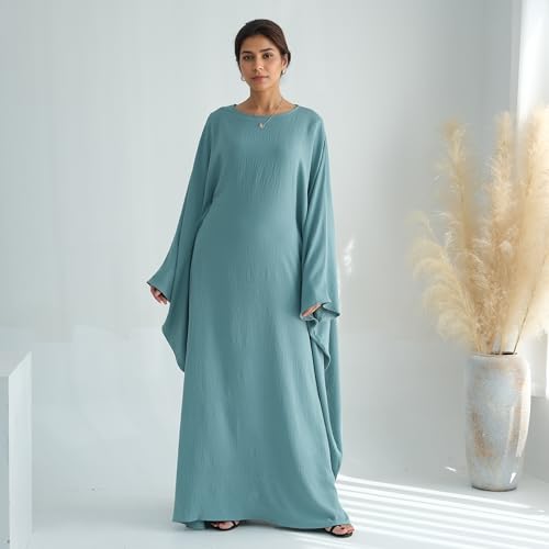 Abaya Dress for Women Soft Crepe Like Linen Khimar Butterfly Batwing Dubai Islam Muslim Kaftan Modest Prayer Dress - color: Green, size: Large