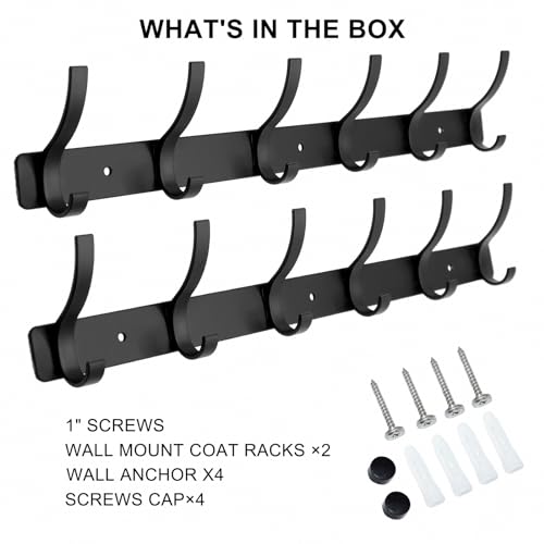 Coat Rack Wall Mounted,6 Coat Hooks for Hanging Coats,Metal Double Hook Rack Hook Rail,Coat Rack with Hooks,Wall Mount Coat Hanger for Hat Towel Purse Robes (2 Pack Black, 6 Hooks) - color: 2 Pack black